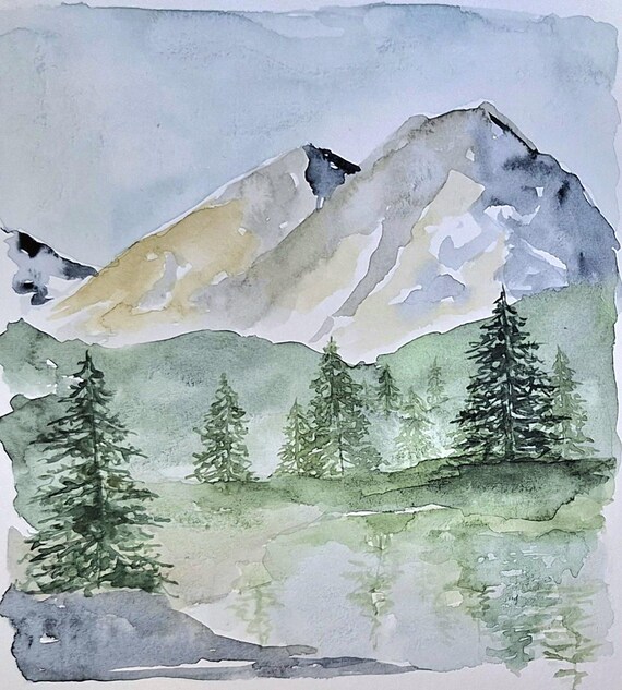 水彩風景画 | 山の絵画、自然アート | 「幸せな小さな湖」 - Etsy 日本