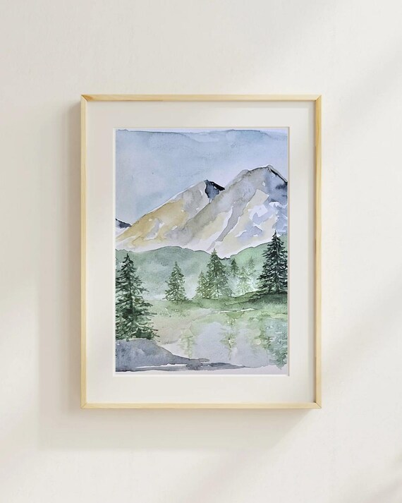 水彩風景画 | 山の絵画、自然アート | 「幸せな小さな湖」 - Etsy 日本