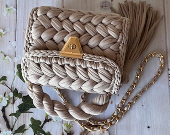 Bag/Handmade Bag/Hand Woven Bag/Crochet Bag/Knitted Bag/Beige Bag/Designer Bag/Luxury Bag/Shoulder Bag/Luxury Bag/Women's Bag/Handmade Gifts