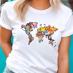 Wanderlust Popart Grafisch Dames T-shirt, Zacht bedrukt Unisex Reis T-shirt, Gezellig Wereldkaart T-shirt, Heren Travel Globe Adventure Top