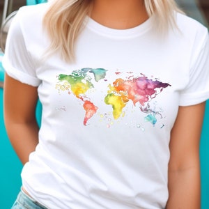 Wanderlust grafische damest-shirt, zacht bedrukt unisex reis-t-shirt, gezellig wereldkaart aquarel t-shirt, heren reisbol avontuur top