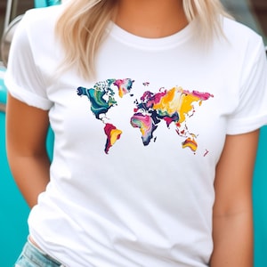 Wanderlust Grafisch Dames T-shirt, Zacht bedrukt Unisex Reis T-shirt, Gezellige Wereldkaart Acryl T-shirt, Heren Travel Globe Adventure Top