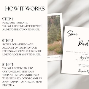 May include: A how-to guide for using a Canva template to create a wedding invitation. The guide includes three steps: purchase the template, sign up for a free Canva account, and customize the template. The image also shows a sample wedding invitation with the text "Steve + Paisl" and "August 19".