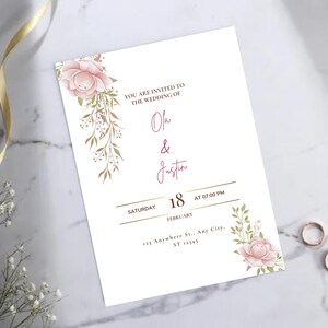 Wedding invitation template, beautiful floral wedding day invitation card, minimalist wedding card, digital canva editable wedding invite