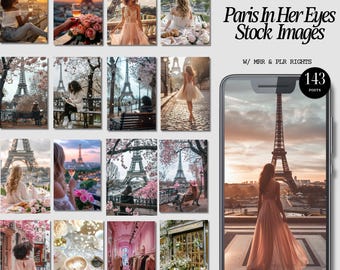 May include: A collection of stock images with the Eiffel Tower in Paris. The images feature people, flowers, and cityscapes. The text "Paris In Her Eyes Stock Images" is displayed with the number "143" on a phone screen.