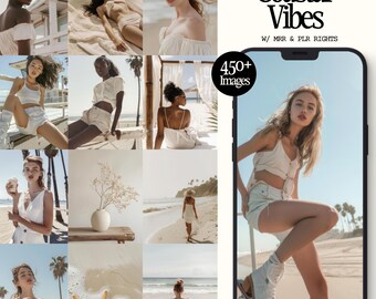 May include: A collage of images featuring women in various poses on a beach. The images are in a grid format and feature a variety of colors and styles. The text "Coastal Vibes" is displayed at the top of the collage, along with the text "W/ MRR & PLR RIGHTS". The text "450+ Images" is displayed in a circle at the bottom of the collage.