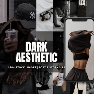 Może przedstawiać: Kolaż obrazów w ciemnej estetyce. Obrazy przedstawiają osobę w czarnym swetrze z kapturem, osobę w czarnej czapce z daszkiem, osobę w czarnym topie, osobę trzymającą telefon, osobę trzymającą kubek kawy, osobę trzymającą okulary, osobę trzymającą torbę i osobę trzymającą banknot dolarowy. Tekst "DARK AESTHETIC" znajduje się w środku kolażu. Tekst "130+ STOCK IMAGES | POST & STORY SIZE" znajduje się pod tekstem "DARK AESTHETIC".