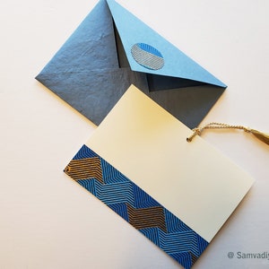 Unwritten 6- handcrafted stationery set, blue A7 natural envelopes, bookmark style notes with weave pattern band, gold tassels- Set of 6