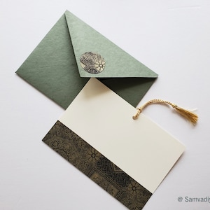 Unwritten 12- handcrafted stationery set, green A7 natural envelopes, bookmark style notes with brocade pattern band, gold tassels- Set of 6