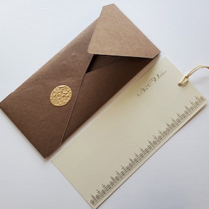 Unwritten 3 - handcrafted stationery set, #10 size dark brown cotton paper envelopes, bookmark style notes with gold tassels - Set of 6