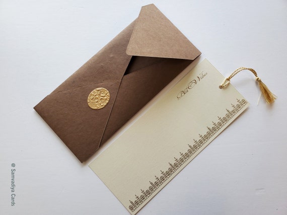 Unwritten 3 - handcrafted stationery set, #10 size dark brown cotton paper envelopes, bookmark style notes with gold tassels - Set of 6