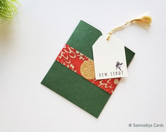 Unwritten 8 - All occasion, handcrafted stationery set, green natural envelopes, bookmark style notes with cute tags, gold tassels- Set of 8