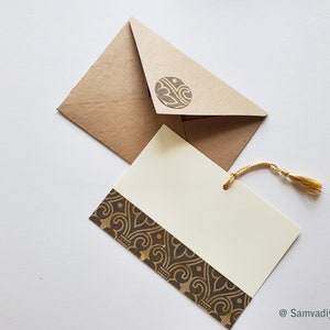 Unwritten 13- handcrafted stationery set, blue A7 natural envelopes, bookmark style notes with damask pattern band, gold tassels- Set of 6