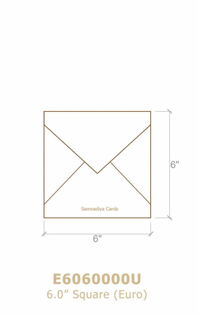 K&ouml;nnte beinhalten: Ein wei&szlig;er Umschlag mit braunem Umriss, der 15,24 cm x 15,24 cm misst. Der Umschlag hat eine Klappe oben und ein Textetikett mit der Aufschrift "Samvadiya Cards".