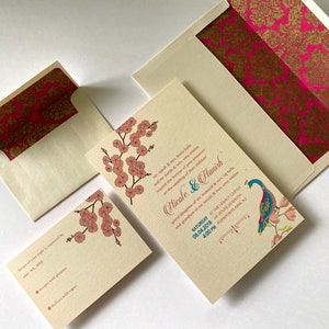 Wedding Invitation: Cherry Magnolia and Peacock Suite - Colors - ivory, magenta, green, blue. Motifs - peacock, magnolia and cherry