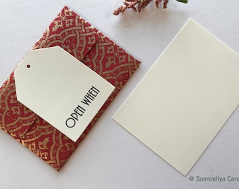 Storyteller 3 - handcrafted A1 size 'open when' letter set with envelopes, blank notes and envelopes, red gold lace floral print - Set of 9