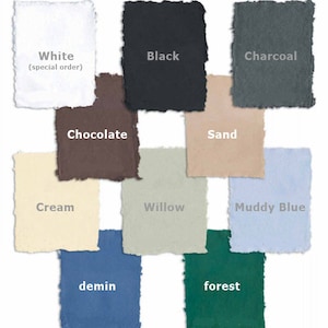 Puede incluir: Una colecci&oacute;n de 12 muestras de color, cada una con un nombre de color diferente escrito debajo. Los colores incluyen blanco, negro, carb&oacute;n, chocolate, arena, crema, sauce, azul fangoso, mezclilla y bosque.