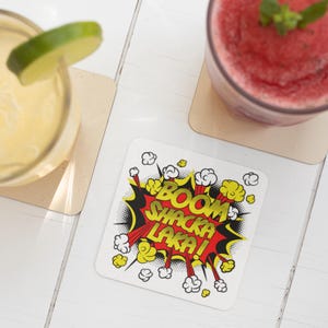 Colourful Coasters BOOM SHACKA LAKA | Corkwood Square Drink Coaster Set | Made in Australia