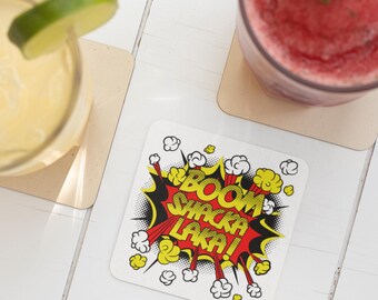 Colourful Coasters BOOM SHACKA LAKA | Corkwood Square Drink Coaster Set | Made in Australia