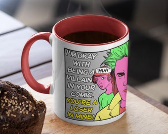 Taza de villano colorida: Taza de café con diseño de cómic, fabricada en Australia.