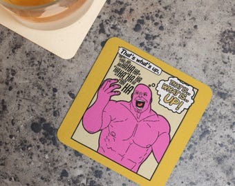 Posavasos coloridos "What's Up" / Juego de posavasos cuadrados de madera de corcho / Fabricados en Australia