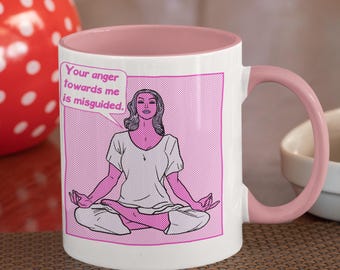 Taza colorida con personaje de yoga / Taza con dibujo gráfico de cómic / Amantes del café y el té / Hecha en Australia