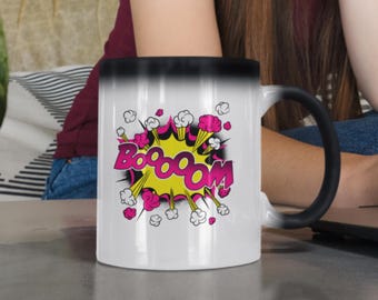 Taza mágica BOOM: Taza de café con efecto de calor estilo cómic, fabricada en Australia.