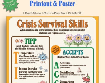 Póster imprimible sobre habilidades de supervivencia en situaciones de crisis con TCD, material imprimible sobre terapia dialéctica conductual, folleto sobre TLP, TCD para adolescentes, Wise Mind, tolerancia a la angustia.