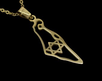 Israel Map with Star of David Necklace - Gold