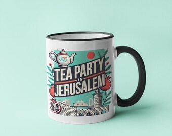 Tea Party in Jerusalem Mug – Historic Landmarks, Pomegranates, Star of David (Ceramic)