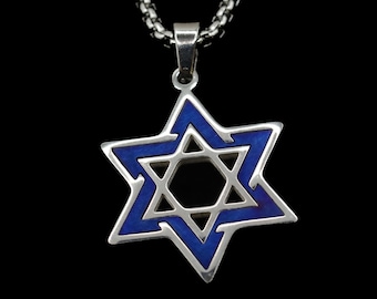 Stainless Steel Star of David Necklace with Blue Enamel Accent