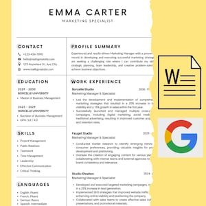 Può includere: Modello di curriculum vitae professionale con il nome "Emma Carter" e il titolo "Marketing Specialist". Il curriculum include sezioni per informazioni di contatto, istruzione, competenze ed esperienza lavorativa. Icona di Word e logo di Google.