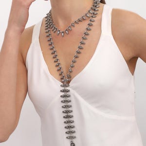 Conjunto de collar con borlas bañado en plata estilo bohemio vintage - Conjunto de joyas con borlas largas - Collar bohemio - Collar antiguo - Regalo para ella