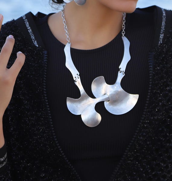 Unique Silver Floral Pendant Statement Necklace Handcrafted