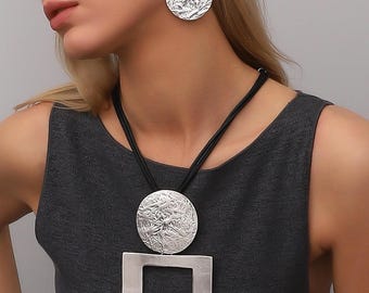 Unique Hammered Circle Pendant Necklace & Earrings Set • Antic Style Finish • Bohemian Earrings • Antic Necklace • Gift For Her