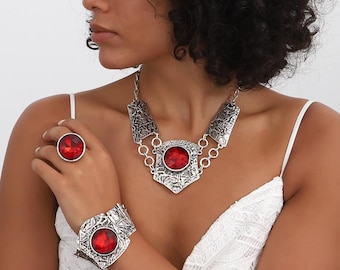 Vintage rode kristallen sieradenset: bohoketting, armband en oorbellen