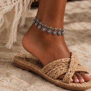 Tobillera plateada, pulsera bohemia para mujer, tobillera con diseño de espiral solar