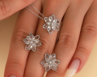 Carved Lotus Necklace • Minimalist White Lotus Jewelry Set - Handcrafted Earrings and Necklace