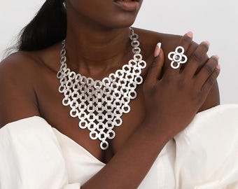 Hammered Geometric Necklace & Ring Set: Antique Silver Bohemian Jewelry
