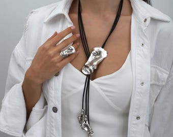 Vintage Faces Statement Jewelry Set: Silver Plated Leather Bohemian Necklace