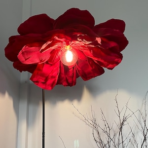 Large Red Flower Ceiling Lamp – Handmade Crepe Paper Chandelier with Bulb & Socket – Romantic Floral Light Fixture