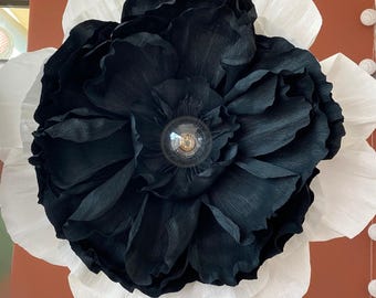 Oversized Crepe Paper Flower Wall Lamp: Black & White Floral Sconce