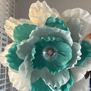 Handmade Crepe Paper Flower Chandelier: Boho Green & White Statement Light