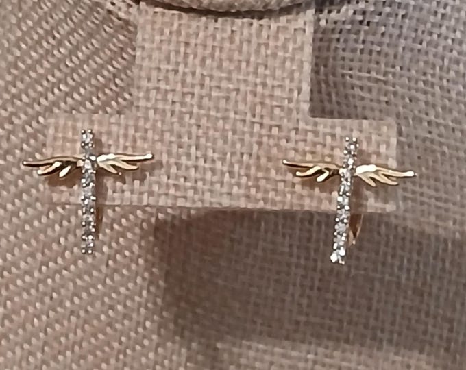 CZ angel cross huggies.