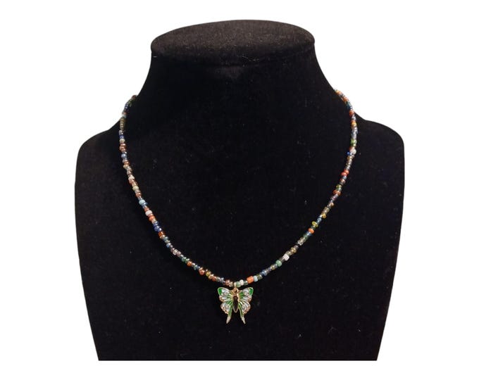 Beaded Butterfly Choker: Enamel Pendant, Gold Plated