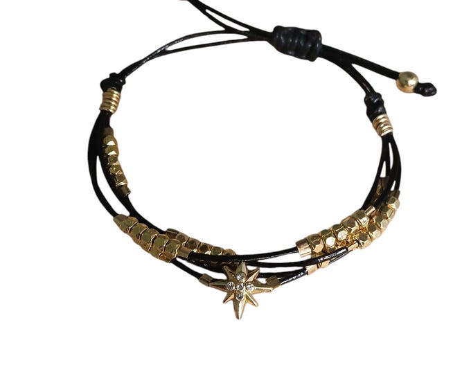Adjustable Leather Bracelet with Gold Star Accent