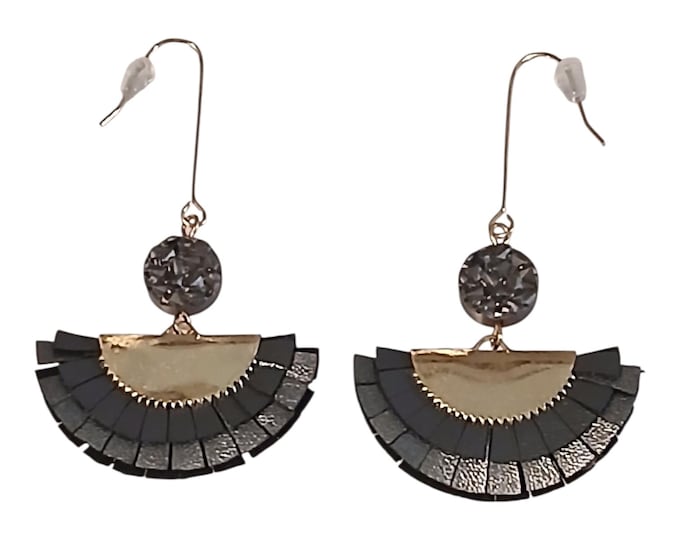 Faux Leather Fan Earrings - Brass Tone Fish Hook Dangle