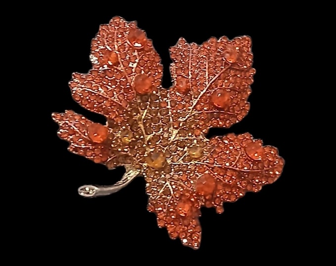 Maple Leaf Rhinestone Brooch: Orange Rhinestone Brass Pin Accessory
