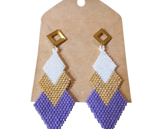 Miyuki tricolor diamond shape drop earrings.