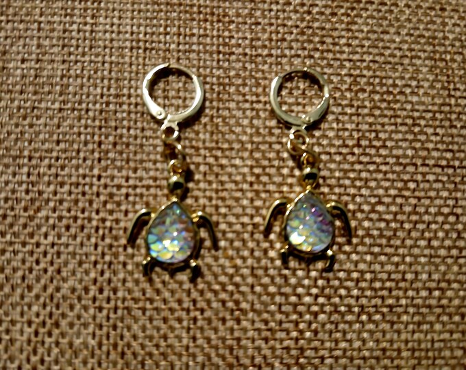 Rainbow Moonstone Turtle Earrings, Gold Plated Dangle